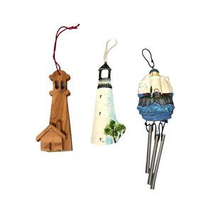Lighthouse Decor Lot of 3 Chimes Ornaments Wooden Ceramic Blue Green Nautical